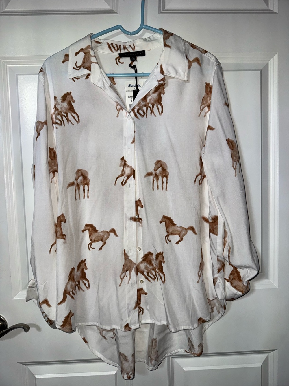 Jane & Delancey White Button-Down Shirt with Brown Horse Print XL
